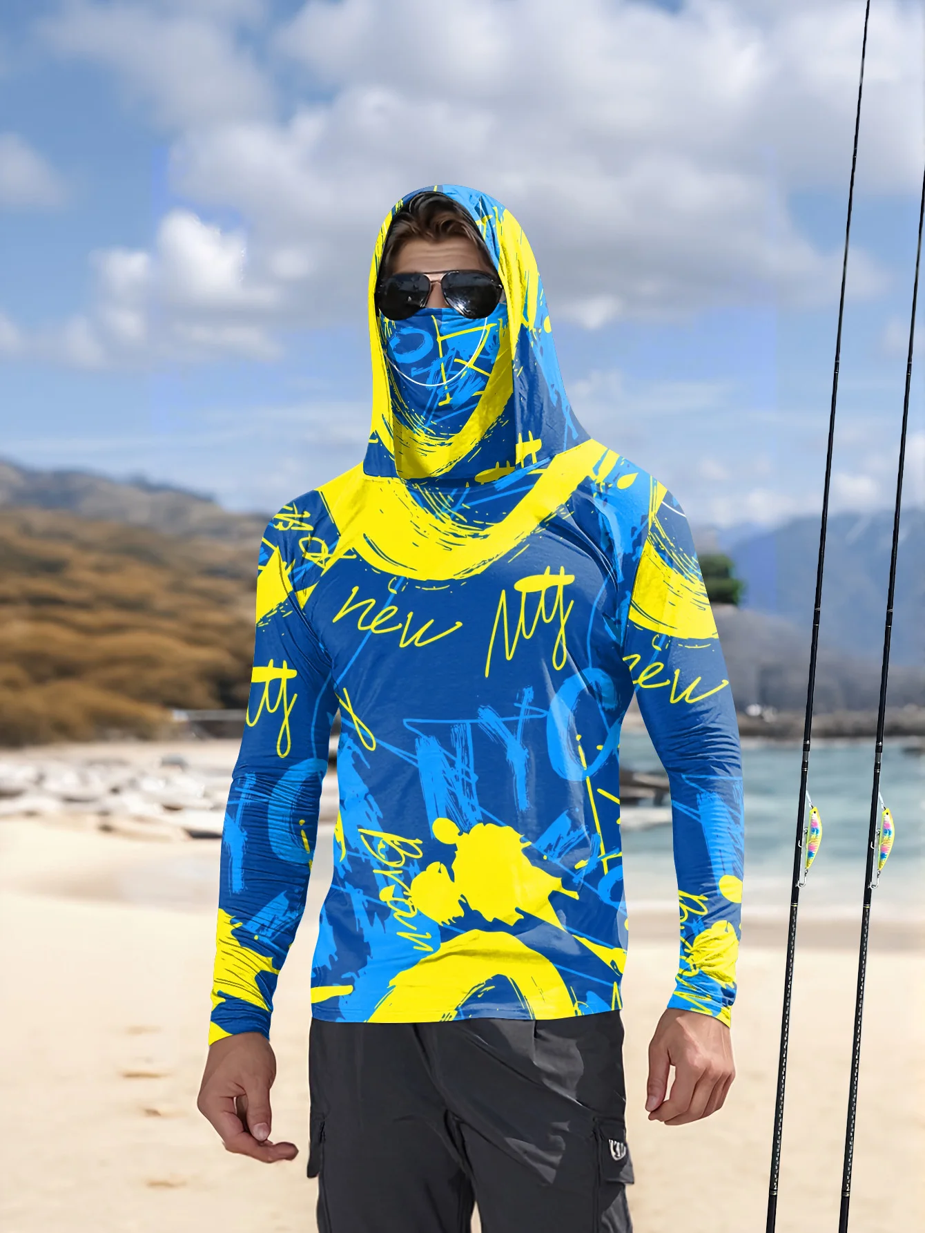 Hiking - เสื้อผ้าตกปลาสำหรับผู้ชายแบบมีฮู้ดพร้อมการป้องกันรังสียูวี เหมาะสำหรับการเดินป่า สวมใส่สบายและระบายอากาศได้ดี